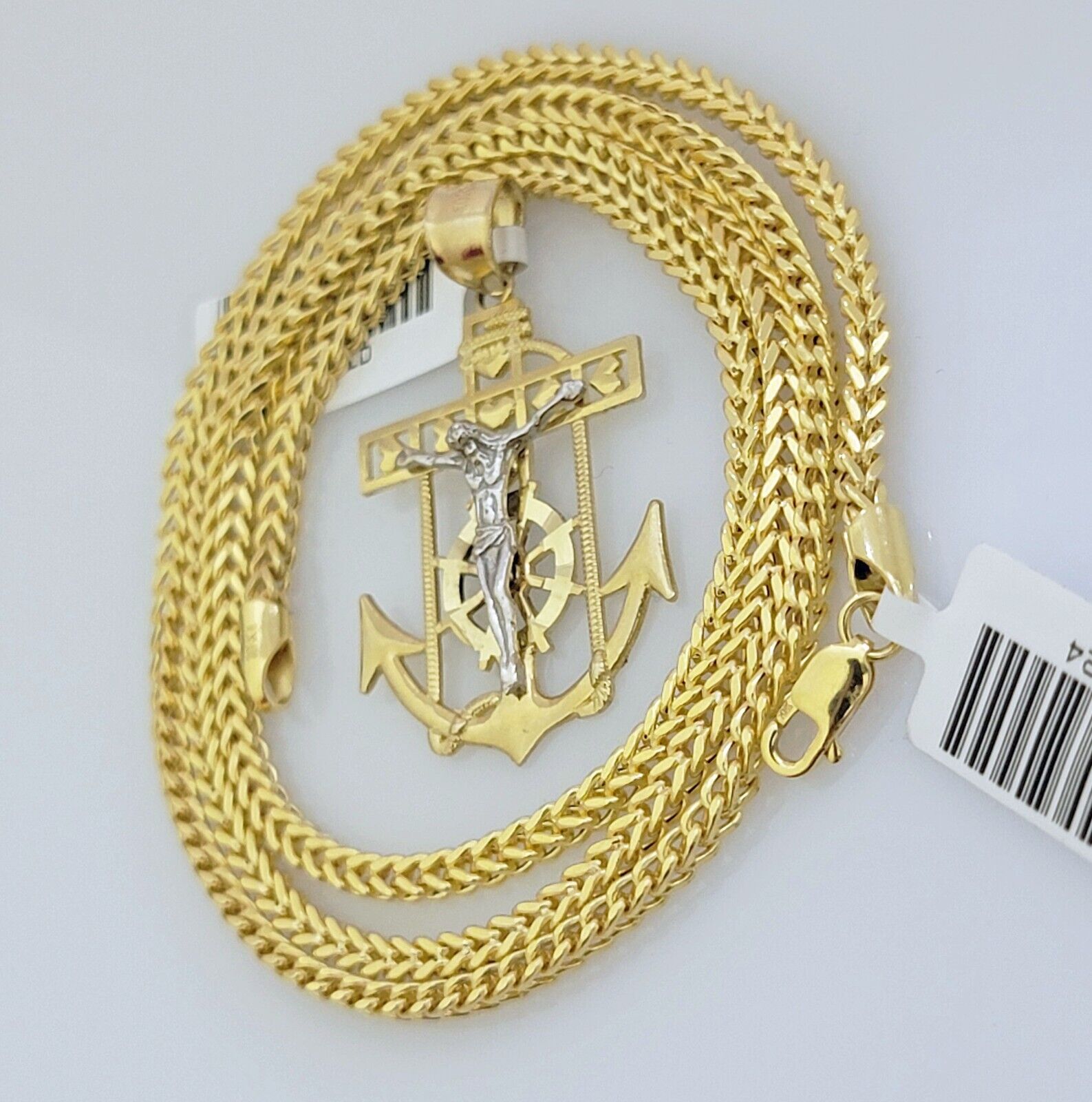 Real 10k Gold Franco Chain Anchor Cross Charm pendant Set 2.5mm Necklace 24 Inch